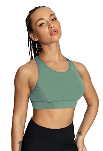 Image of QUEENIEKE BareFlow Women's Sports Bras with Phone Pocket Medium Impact Padded Racerback Workout Gym Crop Top Running Yoga Bra