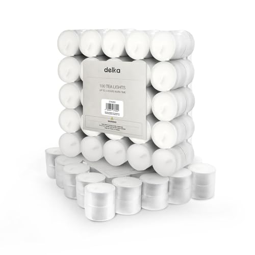 delka Unscented Tea Lights White-Long-Lasting 4 Hour Burn Time-Smoke-Free Bright Flame-Ideal for Weddings Events Aromatherapy Home Décor and Emergency Use-Premium Quality (White 4 Hour 100 Pack)