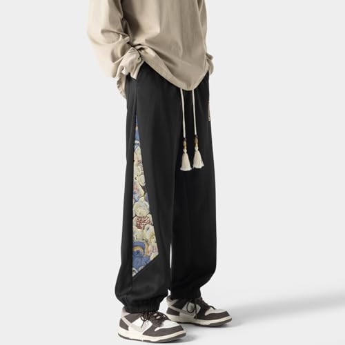 Seidarise Men's Artistic Pattern Men's Black Pants, Tassel Drawstring & Loose Fit, Trendy Casual Wear4