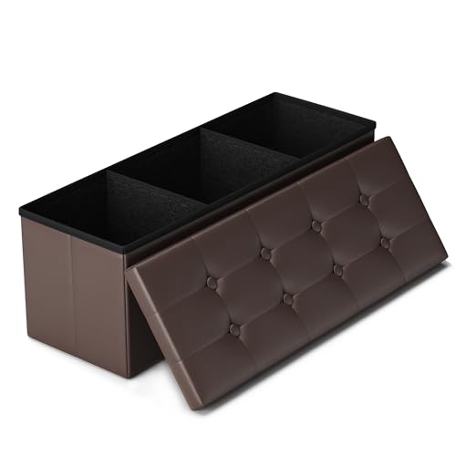 LITZFUR 43 Inches Folding Storage Ottoman Bench, PU Leather Storage Chest, Footrest Padded Seat for Bedroom and Hallway, Holds up to 660 lbs, Brown