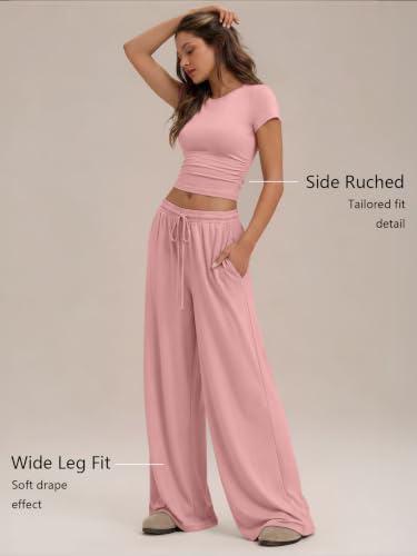 Image of Trendy Queen 2 Piece Matching Summer Lounge Set Womens Side Ruching Top Wide Leg Pants Sets with Pockets