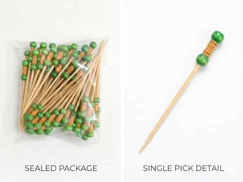Image of Somani Decorative Bamboo Cocktail Picks Green Bead | Double Ball Topper Fancy Food Picks for Appetizers, Drinks & Garnish | Cafe, Lounge, Bakery, Catering & Home Entertaining | Pack of 100