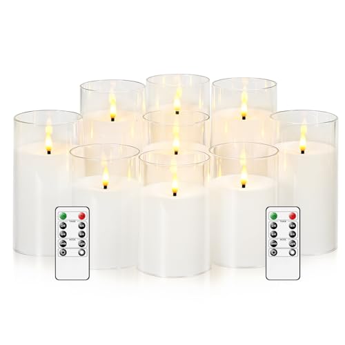 Image of kakoya Flickering Flameless Candles Battery Operated with Remote and 2 /4 /6 /8 H Timer Acrylic Led Pillar Candles Pack of 9 (D 3 inch xH 4 inch 5 inch 6 inch) with Realistic 3D Wick Candles for Home Decor(White)