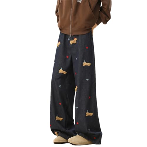 Men Baggy Embroidered Striped Sweatpants Hip Hop Jeans Streetwear Wide Leg Denim Pants Dark Blue XXL