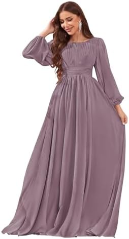 petyoo Long Sleeve Chiffon Bridesmaid Dresses Pleated Formal Evening Gown