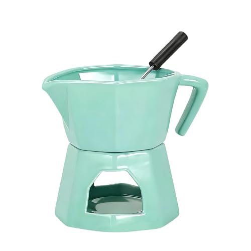 Geoyien Fondue Chocolat, Caquelon à Fondue au Beurre et au Chocolat en Céramique, 300ml avec 1 Fourchettes pour Fromage (Vert)