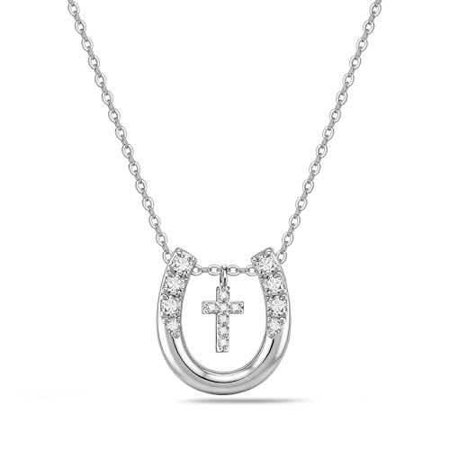 leejory Horse Gifts for Teens Women, Trendy Christian Religious Good Luck Protection Stuff Spiritual Gift for Women Faith and Horses Lover, 17.5in+2in Cross Horseshoe Necklace Female Friend Family