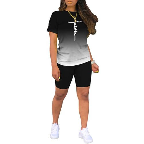 PINSV Women's 2 Piece Outfits Summer Tracksuit TShirt Shorts Jogger Bodycon Sets L Gradient Print