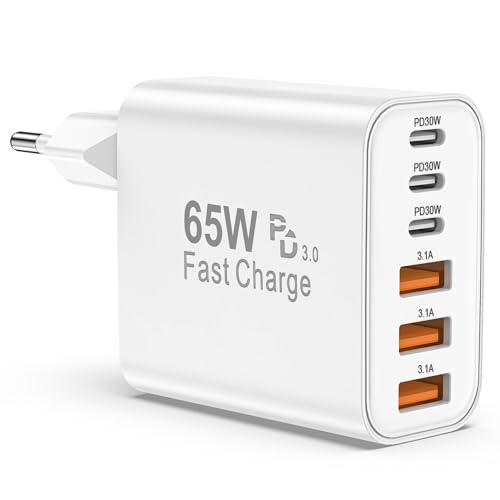 Chargeur USB C, 65W 6 Port Prise USBC Chargeur Rapide iPhone, Multiple Secteur Trois PD+QC 3.1A Type C Adaptateur 25W(MAX) pour iPhone 17 16 15 14 13 12 11...