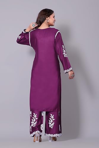 Image of Women's Embroidered Kurta with Palazzo Set, Purple, Floral Chikankari Work, Full Sleeve, Ethnic Wear
