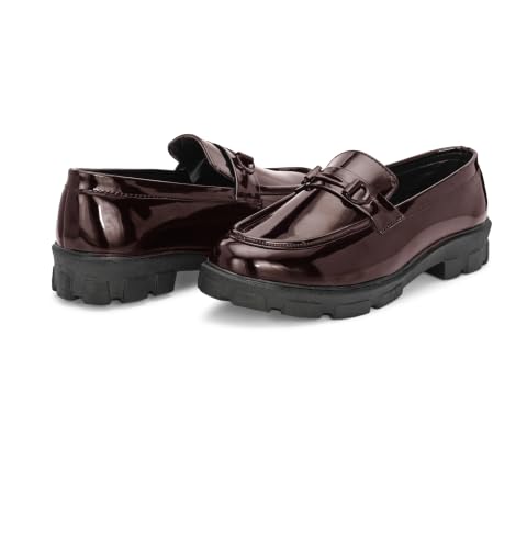 Image of Men's Premium Glossy Black Chunky Sole Loafers with Metal Accent | Fashion Slip-On Formal Casual Shoes