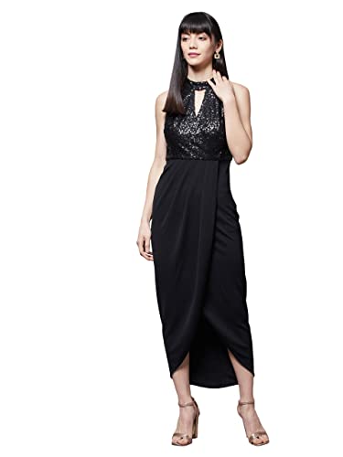 Image of Miss Chase Women's Round Neck Sleeve Embellished Fit Flare Maxi Dress