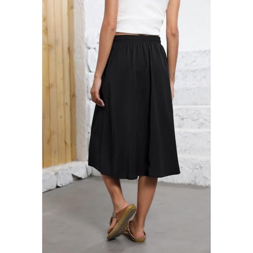 Image of Witsmile Women's Boho Elastic High Waist A Line Skirt Below Knee Swing Beach Midi Skirt with Pockets(UG Black,XL)