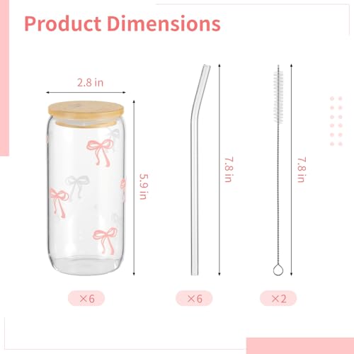 FELISTORY 6 Pcs Cute Glass Cups with Lids and Straws, 16 fl oz Pink Glass Cups Tumbler Iced Coffee Glasses for Women, Sister, Young Ladies, Bow Theme Party Favors - image 7