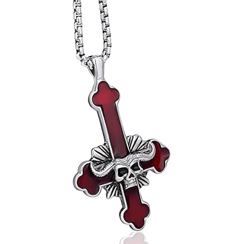 ELFASIO Stainless Steel Inverted Cross Necklace for Men Women Red The Devil's Cross Satanic Upside Down Cross Pendant Chain Gothic Skull Jewelry 20" Cover
