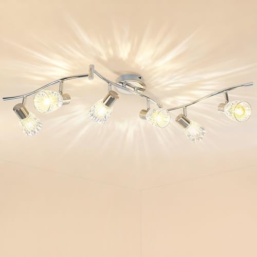 HiBay 6-Light Track Lighting, Flexible Ceiling Light Fixture w/Glass Shades, Modern Chrome Track Spot Lights Indoor for Kitchen, Living Room, Bedroom, E12 Base, No Bulbs 6-Light Chrome