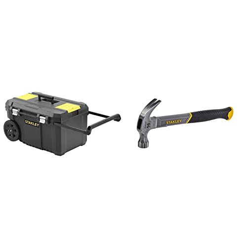 STANLEY Rolling Toolbox Chest with Heavy Duty Metal Latch, 2 Lid Organisers for Small Parts, Portable Tote Tray for Tools, STST1-80150 & STHT0-51309 16oz Fiberglass Curved Claw Hammer, 450g