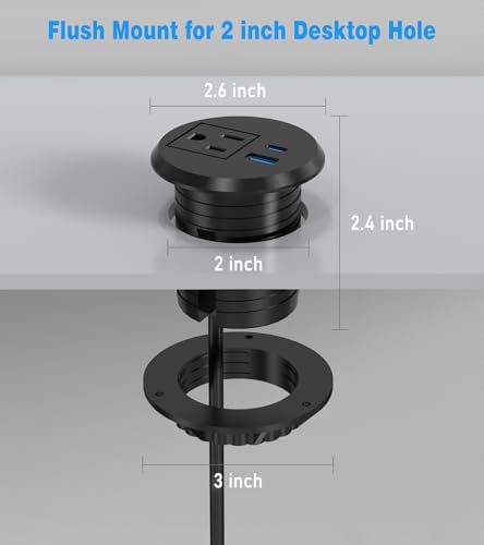 2 inch Desk Power Grommet Outlet, Recessed Power Outlet with 20W USB-C Fast Charging, for Conference Rooms, Office Tables, Furniture, 6FT Cord(ETL Listed)
