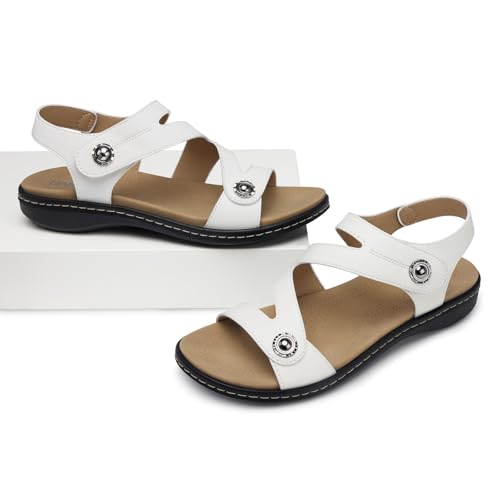 Image of TEMOFON Womens Sandals Dressy Summer: Comfortable Arch Support Flat Sandal | Comfort Walking, Dress Casual, Adjustable Hook and Loop, Open Toe Ankle Strap, Cute Lightweight Soft, Non Slip Elegant Shoes