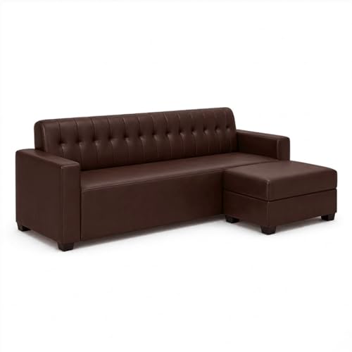 Image of FURNY Luxe 4 Seater L Shape Sofa Set with Movable Ottoman | Flexible Left or Right Layout | Premium Leatherette Upholstery (Dark Brown) | Perfect for Living Room, Guest Room & Office