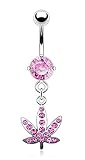 Forbidden Body Jewelry Surgical Steel Pink Crystal Studded Marijuana Leaf Charm...