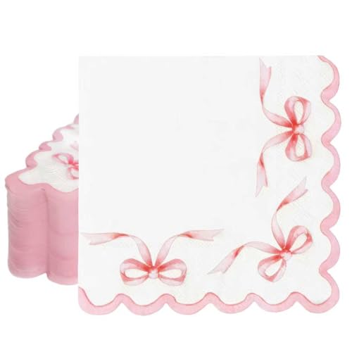 3-Ply Coquette Pink Bow Napkins 6.5 Scalloped 50 Pack Pink Bow Disposable Paper Napkins for Baby Shower Birthday Baptism Bridal Shower Graduation Pink Bow Themed Party Table Decorations