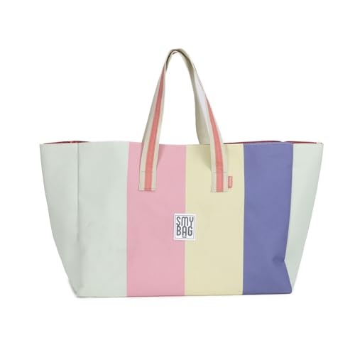 Ponette - Bolsa de Playa Familiar XXL de Rayas Anchas Multicolor con Asas Celeste y Crudo, Forro, Bolsillo, Cintas para Cierre, Playa, Piscina, Tote, Marca Española