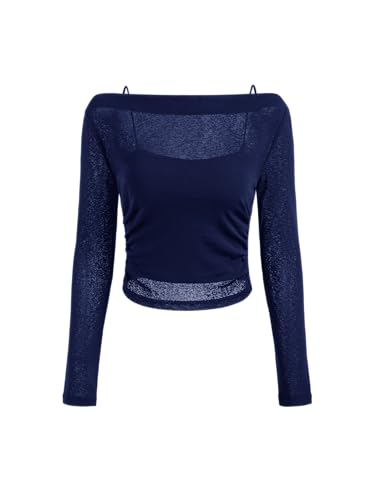 CIDER Oberteile Damen Langarmshirt Durchsichtiges Crop Top Slim Fit Boot Ausschnitt Cami Set Figurbetont