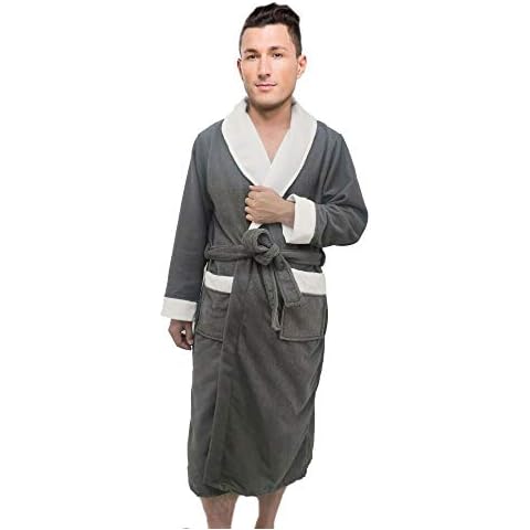 Men’s Shawl Collar Designer Style Dressing Gown Bathrobe, Housecoat Loungewear Super Soft Luxury Microfiber Terry Cotton, Warm, Cosy Fleece Nightwear Robe, Spa Hotel Sleepwear (L / XL, Grey) Cover