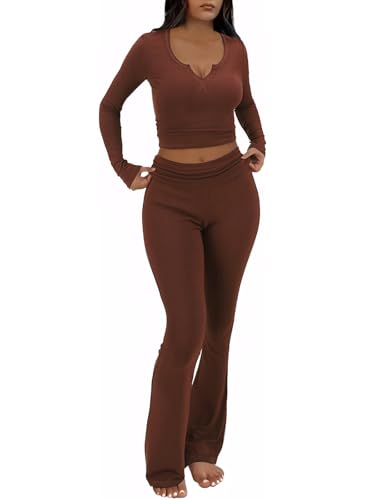 FAIRY SEASON Womens 2 Piece Lounge Sets Slim Fit V Neck Long Sleeve Top Fold Over Yoga Flare Pants Pajamas Loungewear Outfits