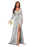 YMSHA Womens Mermaid Silver Long Bridesmaid Dresses with Slit Long Sleeve Pleated Satin V-Neck Formal Evening Party Drses for Women 12
