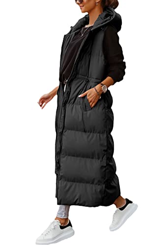 Shanfetl Women's Long Quilted Vest Hooded Maxi Length Sleeveless Puffer Vest Padded Coat Winter Outerwear