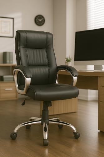 Image of Prestige Premium Leatherette Executive Chair | High Back Ergonomic Office Chair for Work from Home & Office | Height Adjustable, 360 Swivel, 135 Tilt, Chrome Base (1 Pc) (Black)