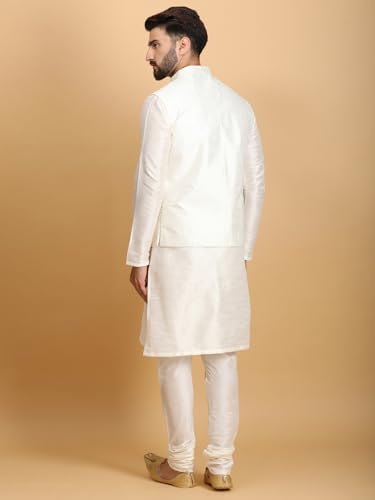 Image of Ethluxis Men Silk Blend Kurta Jacket Set with Mandarin Collar