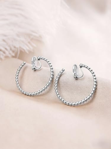 Image of FAN&LOUIS 24K Gold Plated Hoop Clip On Earrings for Women, Gold Beaded Hoop Trendy Hypoallergenic Non Pierced Earrings Painless Lightweight 38mm Clip-On Earrings