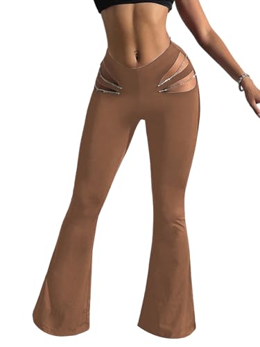 GORGLITTER Women's Rave Cut Out Pants High Waisted Flare Leg Y2K Going Out Pants Disco Bell Bottom Trousers