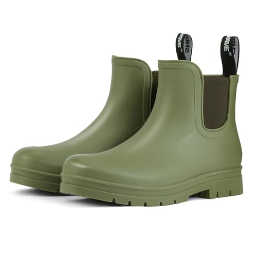 Showave Women's Rain Boots Ankle Waterproof Boots Slip On Wide Foot Rubber Booties Lightweight Stylish Chelsea Boot with Comfort Insole for Garden/Commute, Olive Green Size 9