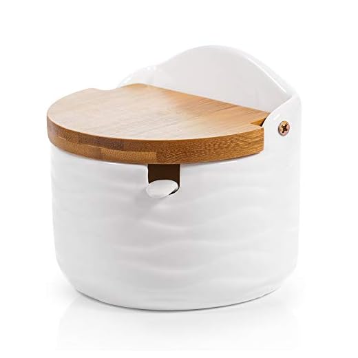Ceramic Sugar Condiment Bowl-Spice Serving Container Creamer Honey Jar Flip Top Canister with Spoon Lid and Chalkboard Labels,Practical Gift/Cute Decoration/Best Kitchen Storage,Semicircle(9.1 fl oz)