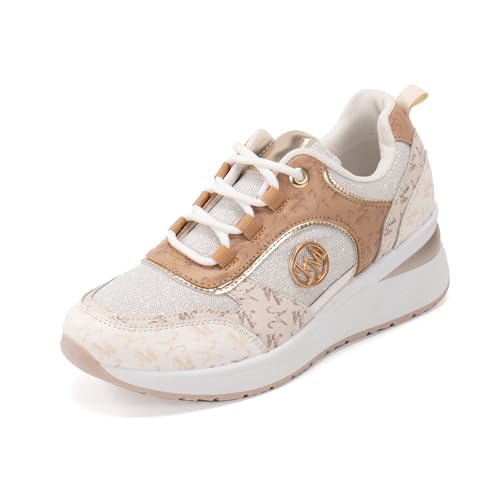 JOMIX Zapatillas Mujer Plataforma con Estampado Deportivas con Suela Eleveda Zapatos Cuña WSC250523-7, Beige, 37 EU