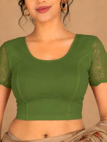Image of Abhi Cotton Readymade Saree Blouse for Women- Half Net Sleeves, Round Neck, Regular-fit, Stretchable, Pull-on Style Blouse