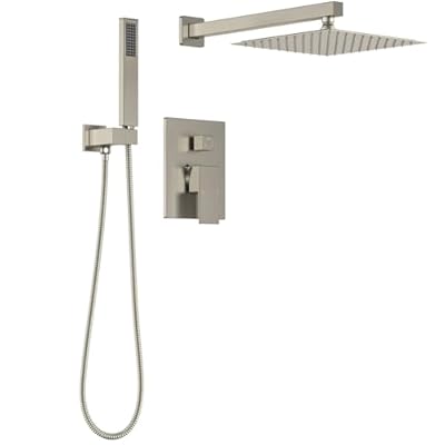 Lava Odoro Modern 2-Setting Square Shower System with Rain Shower Head and Handheld Spray Brushed Nickel, Rainfall Shower Faucet Set Brushed Nickel, Shower Valve and Trim Kit, SF103-BN