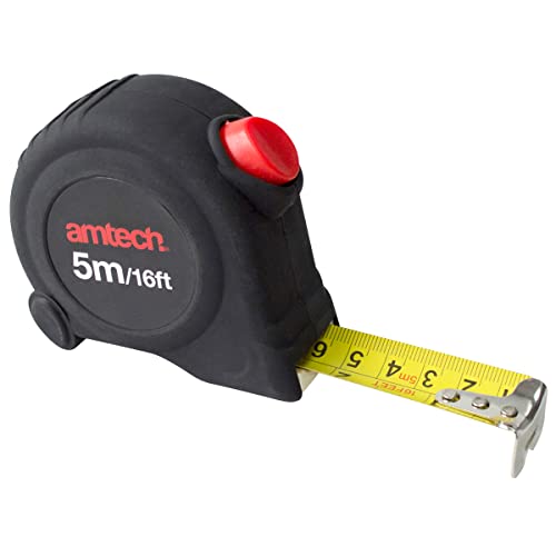 Image of Amtech – Self-Locking Tape Measure, 5m (16ft) x 25mm Wide Blade with Metric/Imperial Markings, Quick Lock & Belt Clip, For Carpentry, Decorating & Site Measuring Tasks