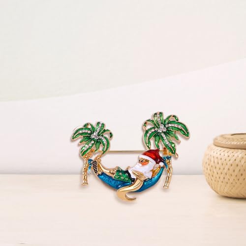 Image of Santa Claus On Vacation Brooch, Christmas Brooches for Women Rhinestone Palm Tree Santa Claus Pin Cute Funny Tropical Themed Santa Brooch Christmas Jewelry Gift for Women Girls
