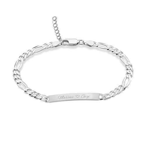 Custom Engraved Sterling Silver Ladie's Figaro Link ID Name Bracelet Personalized Adjustable Length 6.0"-7.5" - Ships from USA3