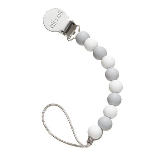 Image of Ali+Oli Silicone Pacifier Clip for Baby (Thin Grey) 100% Food-Grade BPA Free Newborn Pacifier Holder Infant Binky Clip for Baby Boy or Girl | Food-grade material, Keeps soothers within reach, Secure attachment, Lightweight, Everyday use, Easy cleaning
