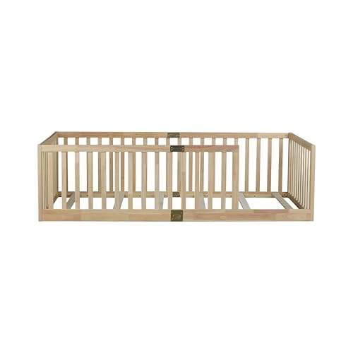 Image of Bellemave Twin Size Kids Montessori Floor Bed Frame with Slats,Solid Wood Floor Bed Frame with High Fence for Kids,Girls,Boys,Natural