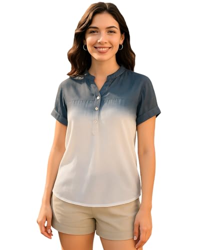 Image of Maaesa Women Navy Blue-White Ombre Rayon Loose Fit Top | Mandarin Collar | Short Sleeves | Lightweight & Breathable Fabric | Casual Wear | Office Wear