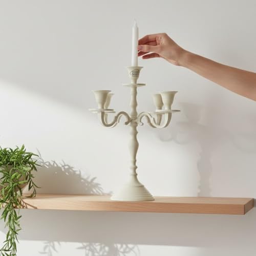 Image of 5 Arm Metal Candelabra Candle Stand | 12 Inch Tall Decorative Candlestick Holder for Dining Table, Living Room, Wedding & Home Decor (Ivory)
