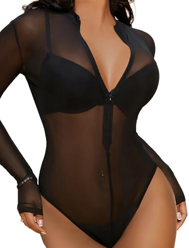 Avidlove Women's Sheer Mesh Bodysuit Long Sleeve See Through Zipper Leotard Snap Crotch Bodysuit Body Tops Black XL