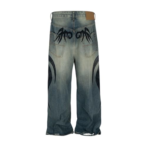 Men’s Retro Leopard Print Jeans, Washed Distressed Denim, Wide Leg, Curved Blade Pants3